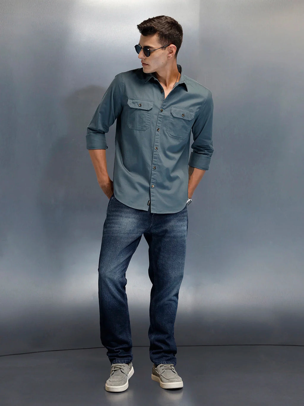 Men's Casual Cargo Double Pocket Shirt | Teal