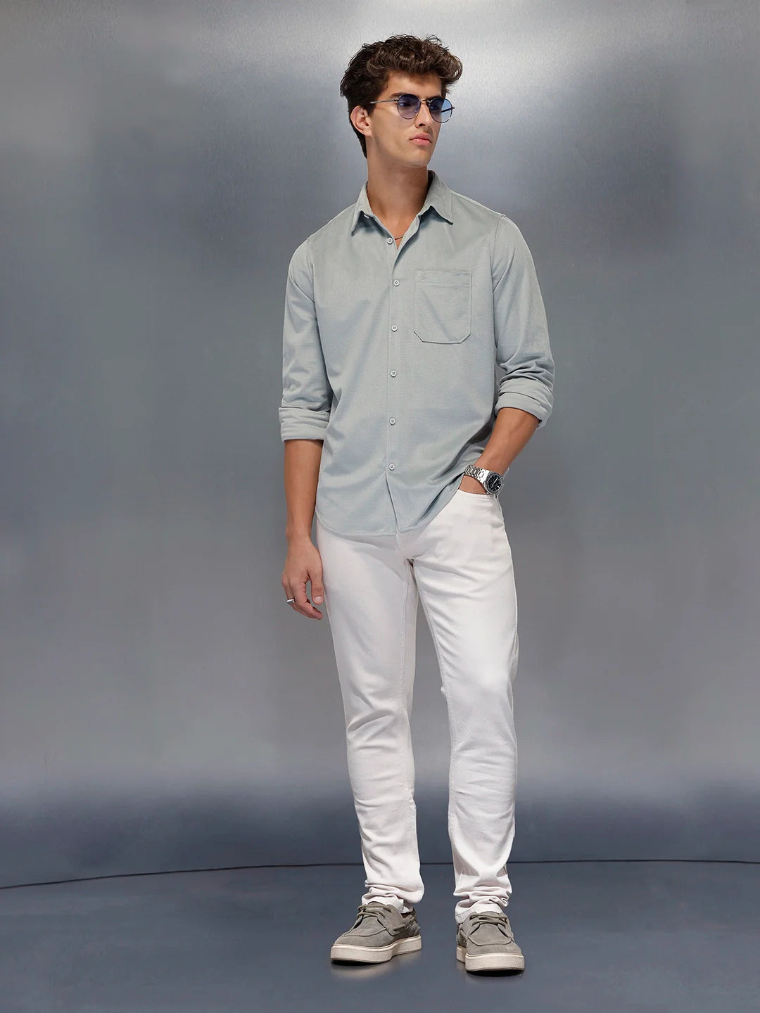 Minimal Textured Botton Down Shirt | Grey