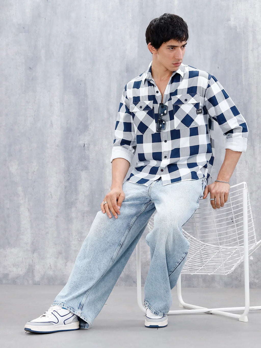 Casual Comfort Fit Checkered Pattern Shirt  | Navy Blue