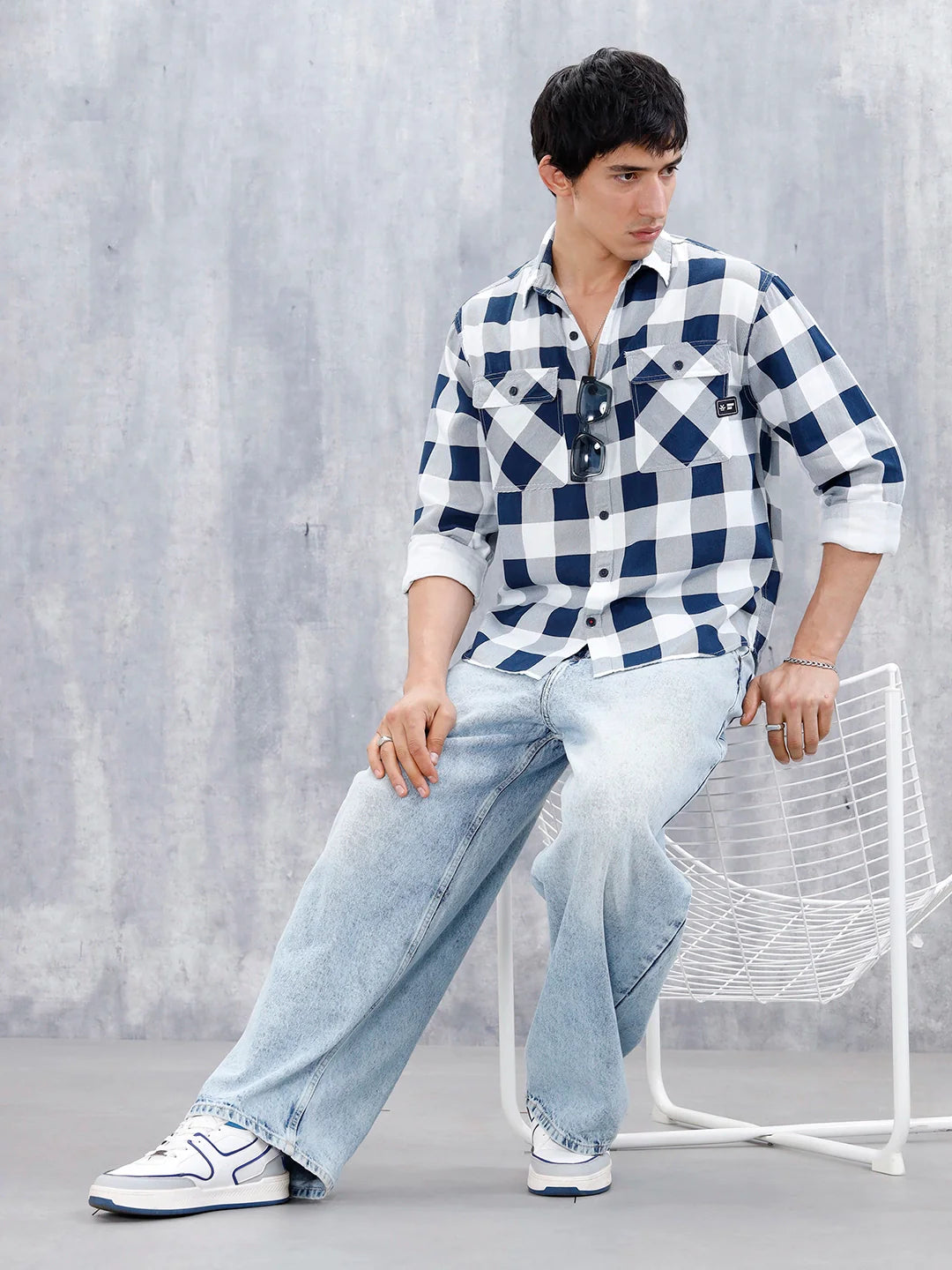 Casual Comfort Fit Checkered Pattern Shirt  | Navy Blue