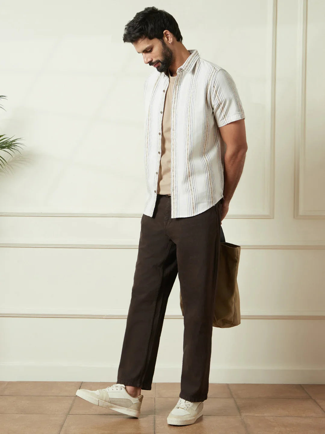 Striped Short Sleeve Textured Shirt  | Off White