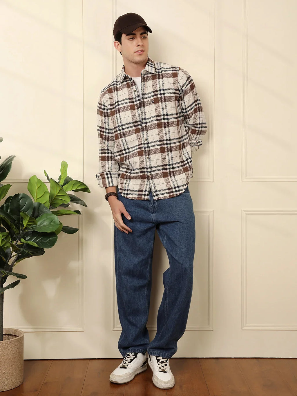 Checked Dobby Pattern Shirt | Brown