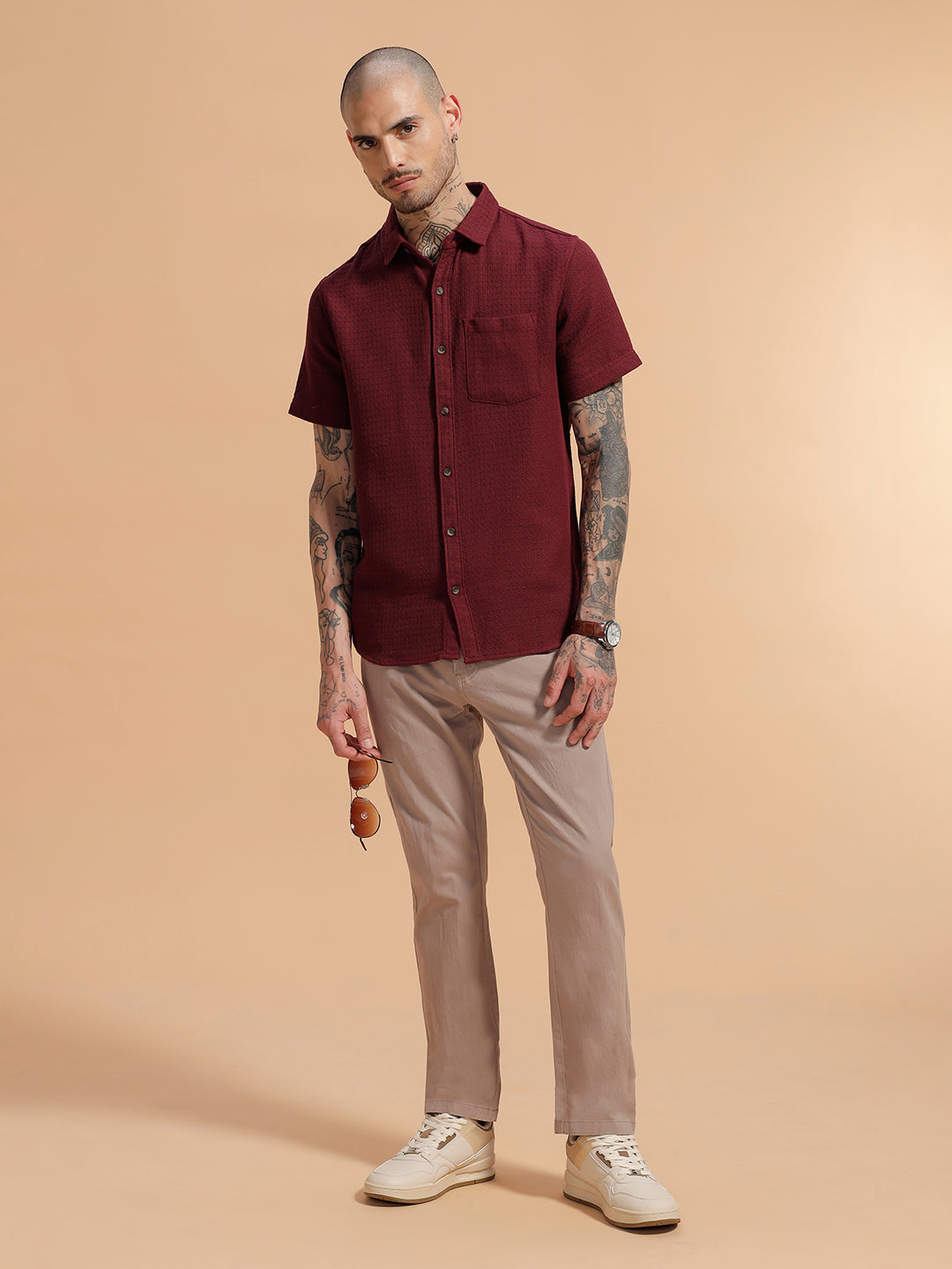 Textured Short Sleeve Shirt | Maroon