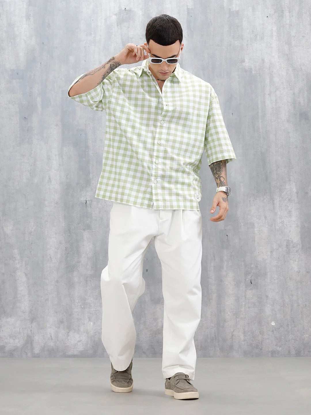 Wrogn Men's Oversized Plus Tonal Checked Shirt | Green