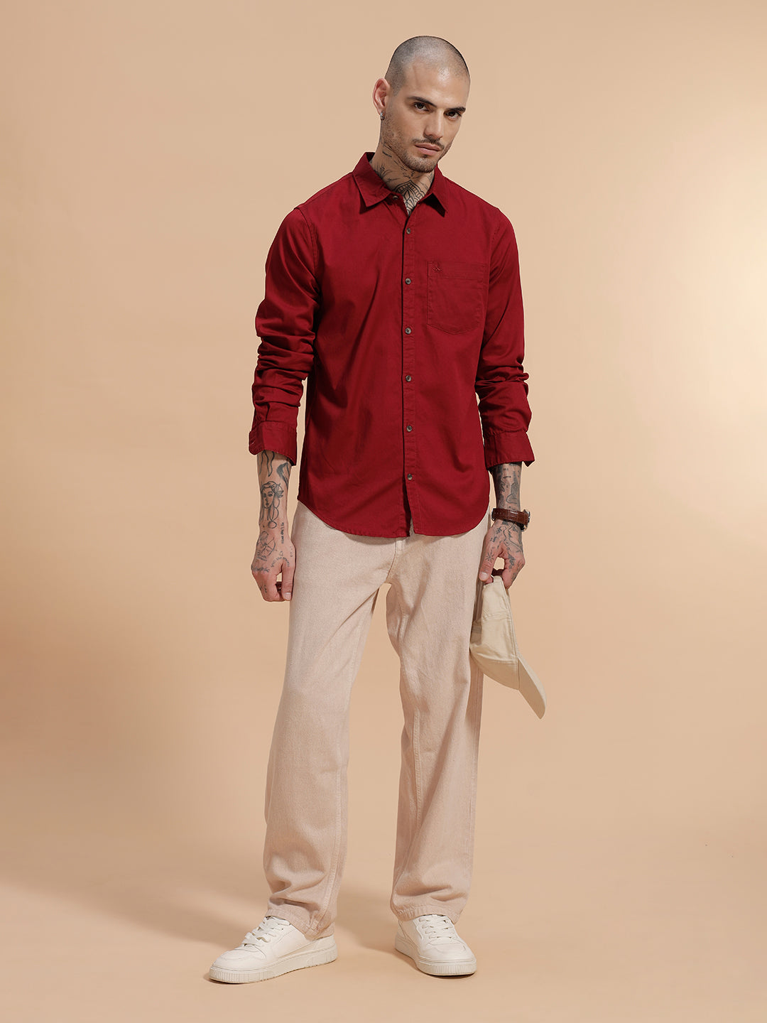 Solid Full Sleeve Cotton Shirt | Red