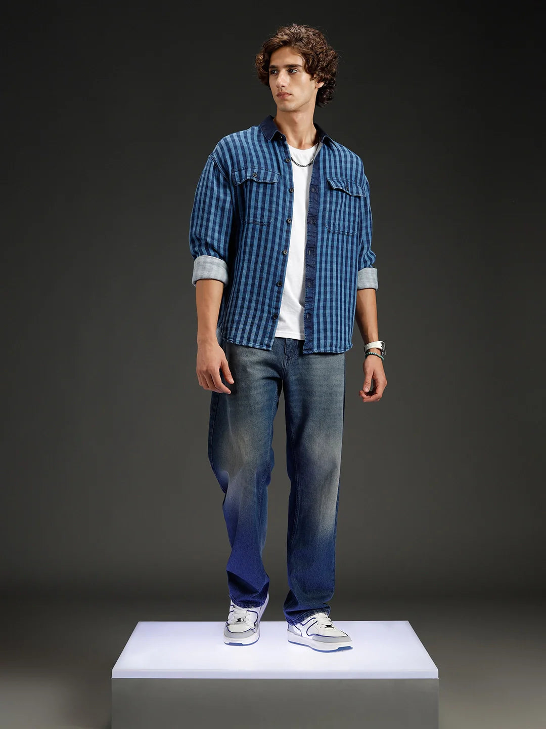 Men's casual oversized fit checkered pattern shirt | Navy Blue