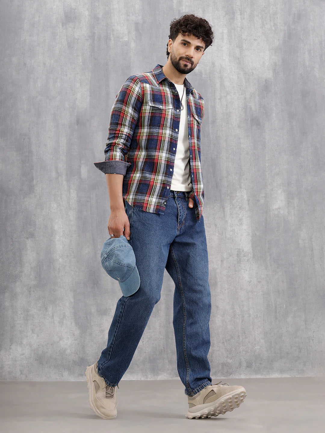 Acid Washed Indigo Check Shirt With Western Yoke | Red