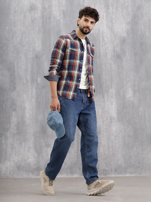 Acid Washed Indigo Check Shirt With Western Yoke | Red