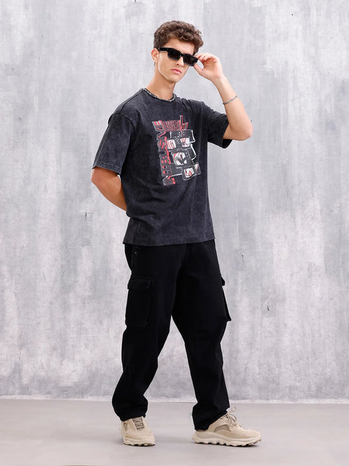 Acid Washed Retro Graphic Printed Oversized Fit Tshirt | Black