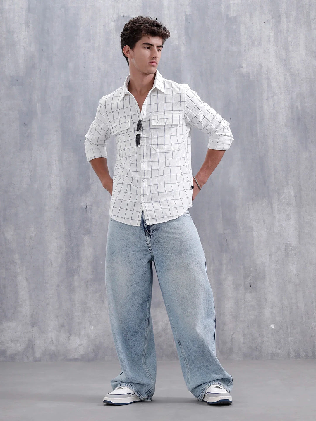 Regular Fit Double Pocket Checkered Shirt | White
