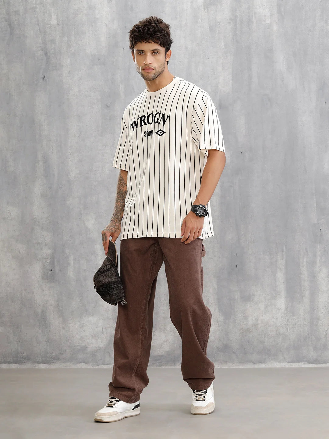 Striped Oversized Fit T-shirt With Flock Print | Beige