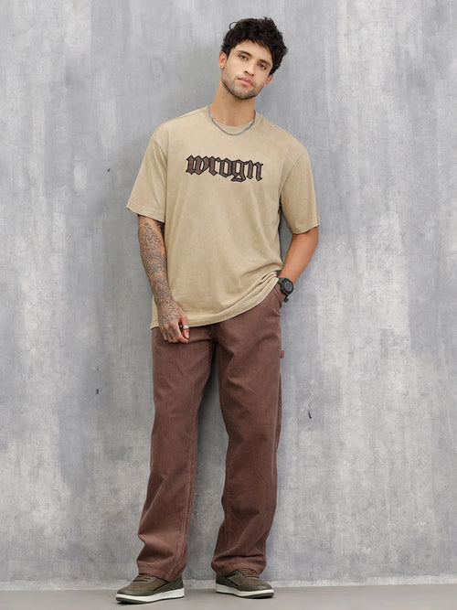 Acid Wash Oversized Fit T-shirt With Embroidery | Khaki