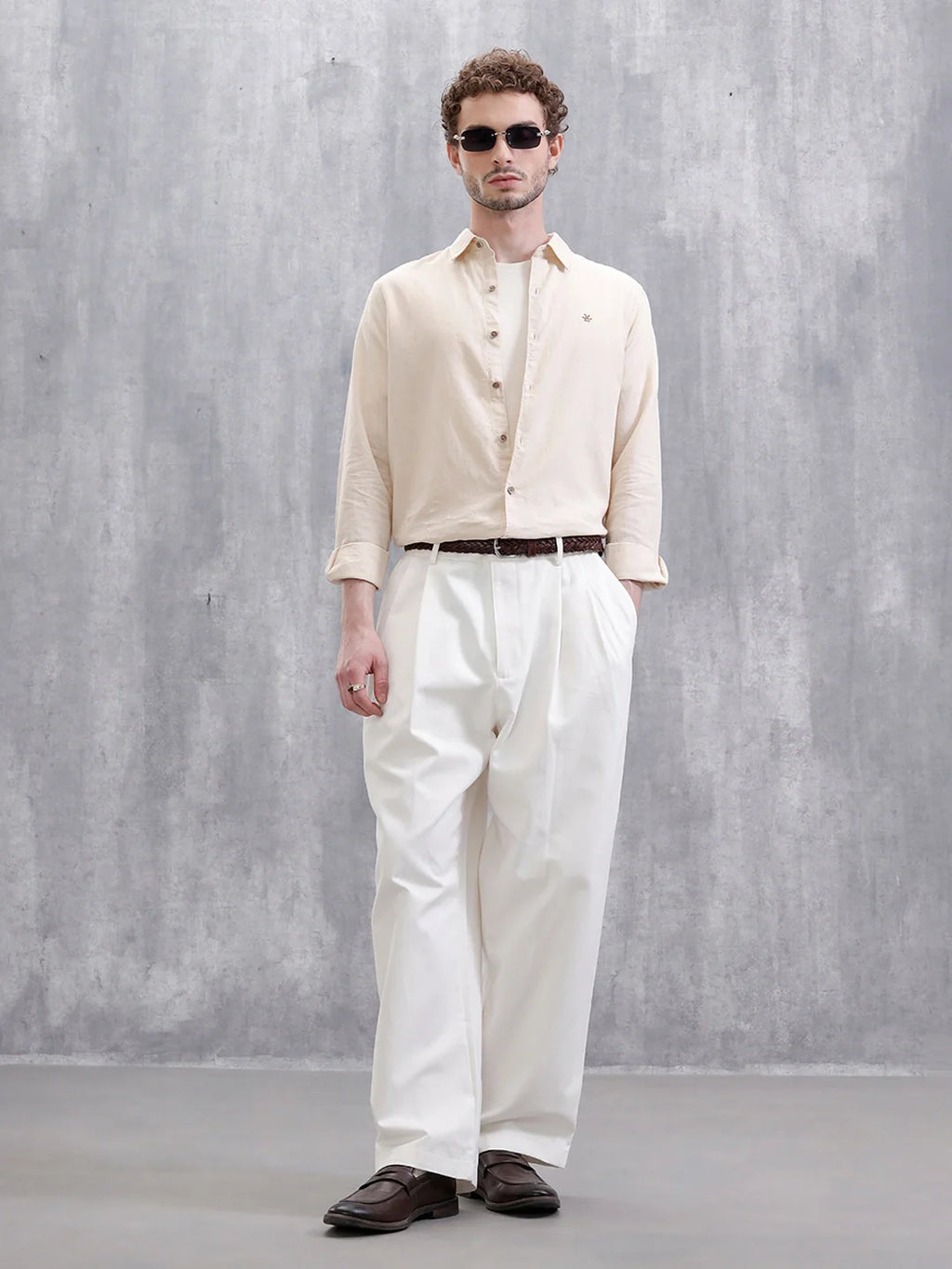 Solid Linen Blend Slim Fit Shirt | Beige