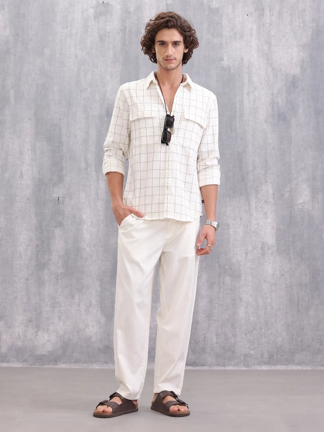 Double Pocket Checkered Shirt | Beige