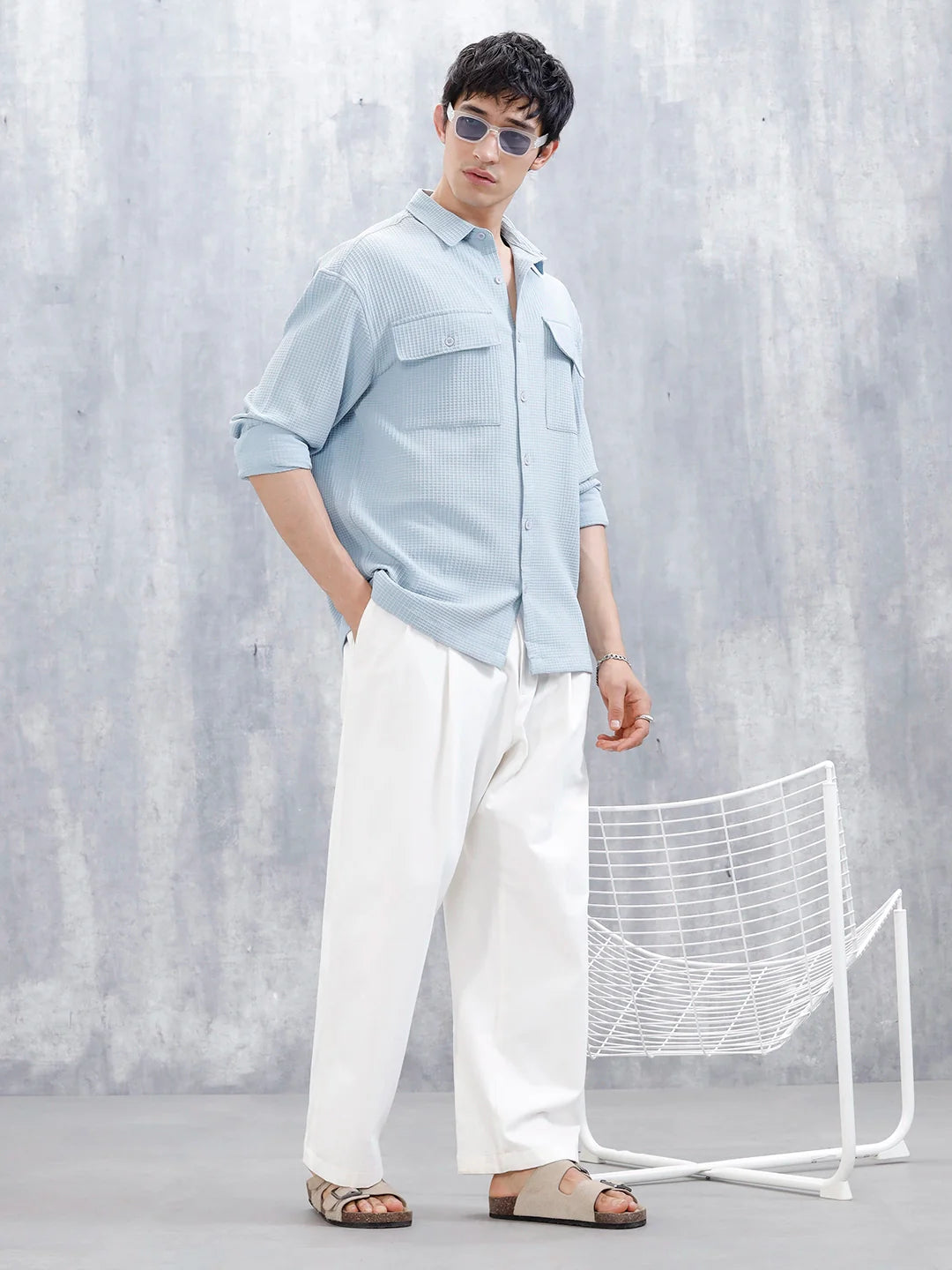 Wrogn Oversized Textured Short Sleeve Shirt With Utility Pockets | Blue