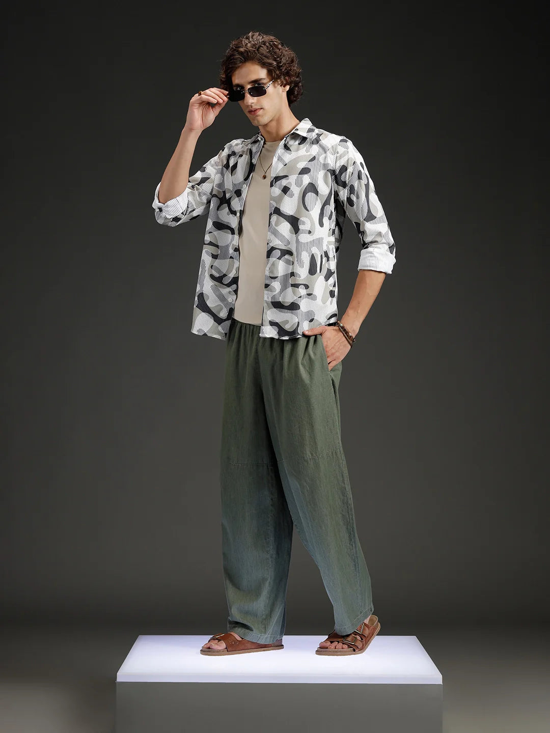 Wrogn Abstract Printed Slim Fit Shirt | Beige