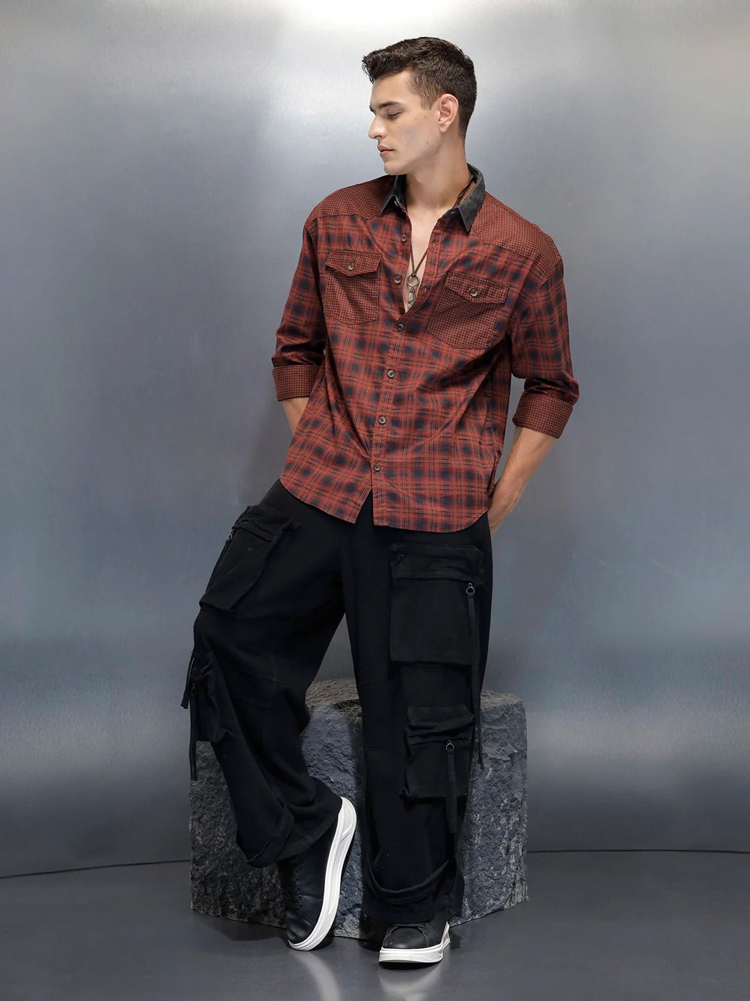 Men's Casual Oversized Fit Checkered Pattern Shirt | Brown