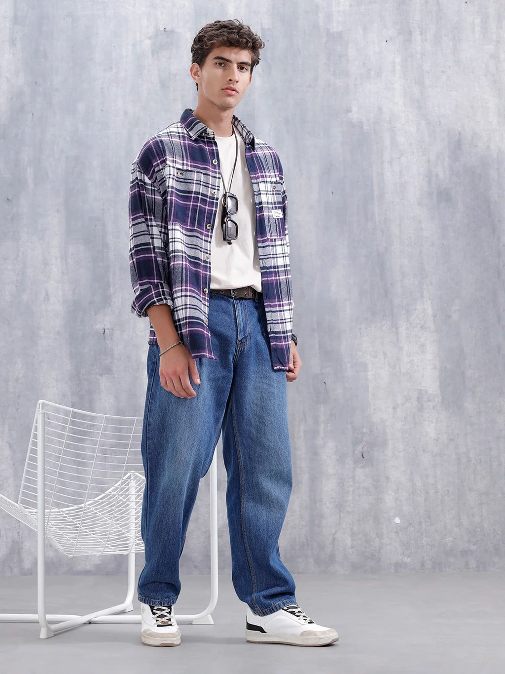 Checkered Pattern Double Pocket Shirt For Men | Purple