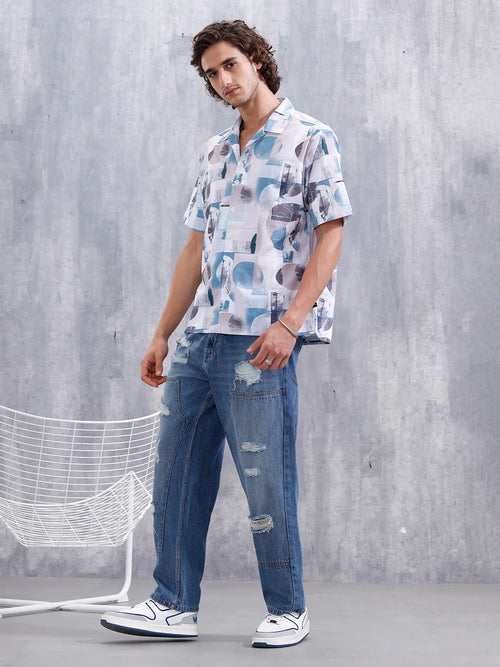 Abstract Aop Printed Comfort Fit Resort Collar Shirt | Blue