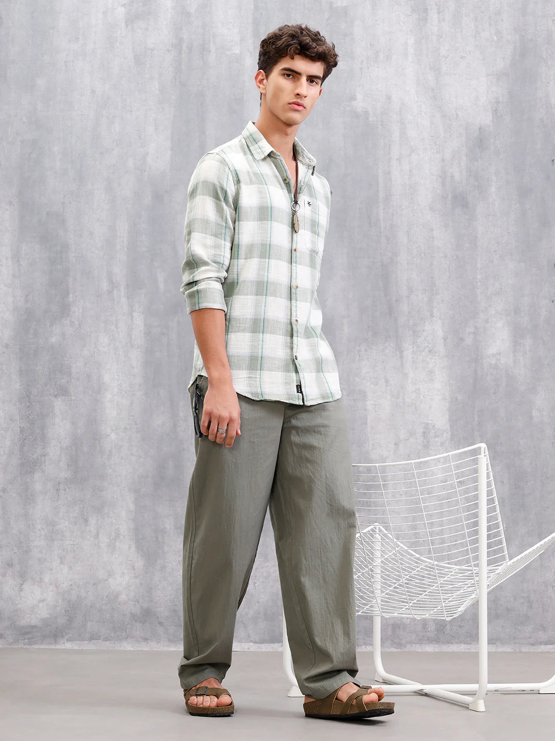 Cotton Twill Slub Checks In Slim Fit | Green