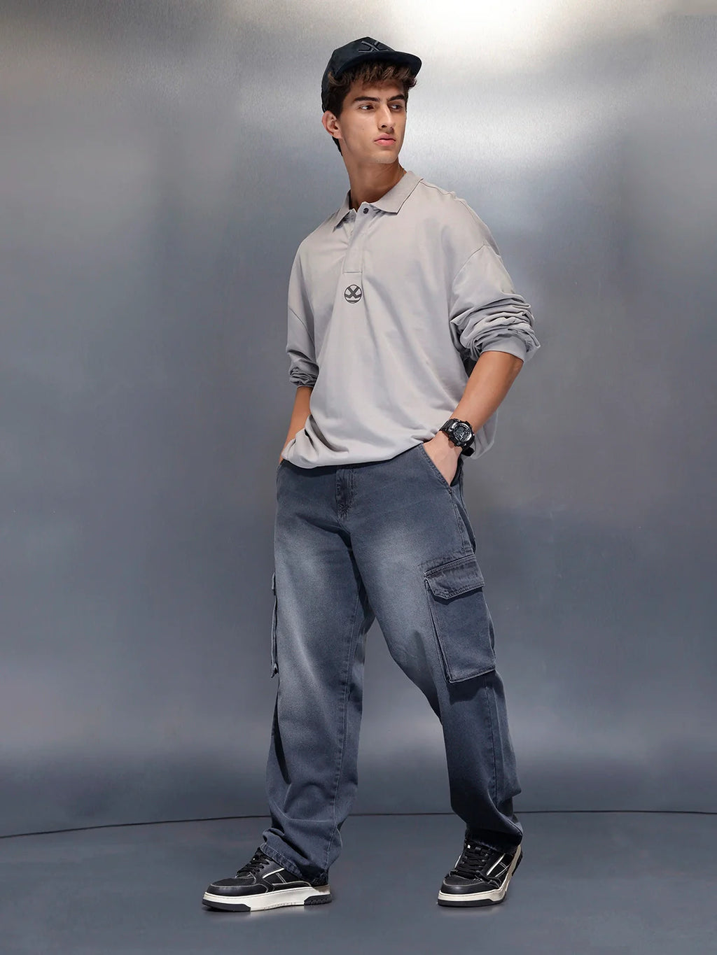 Charcoal loose Fit Cargo Denim | Grey