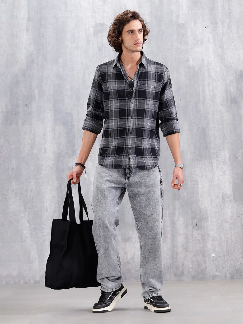 Regular Fit Cotton Checkered Pattern Shirt | Black