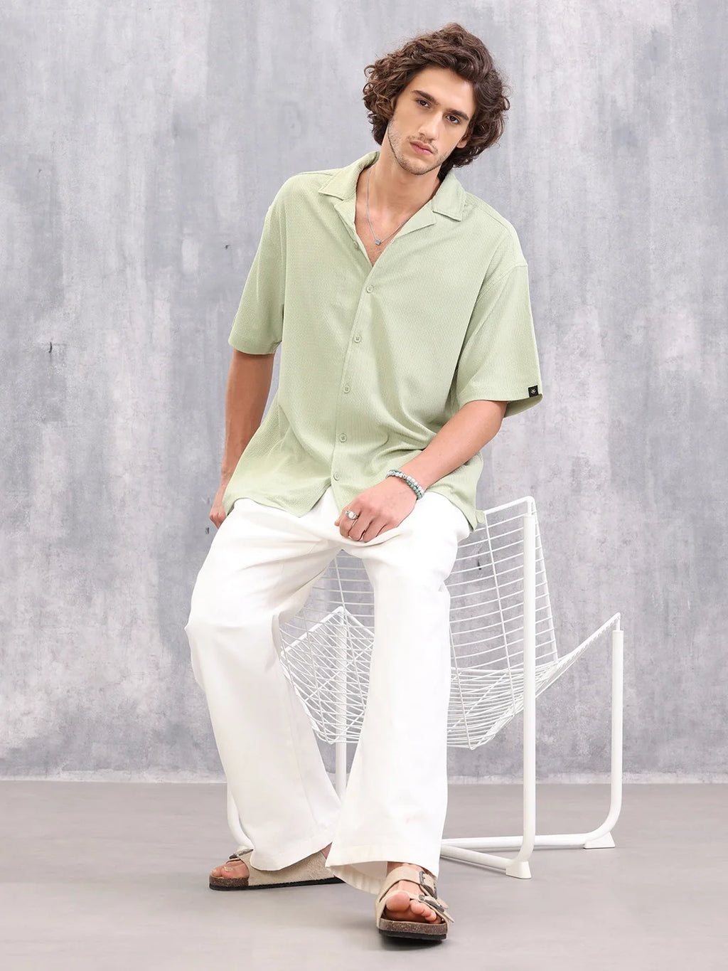Textured Oversize Fit Resort Collar Shirt I Light Green