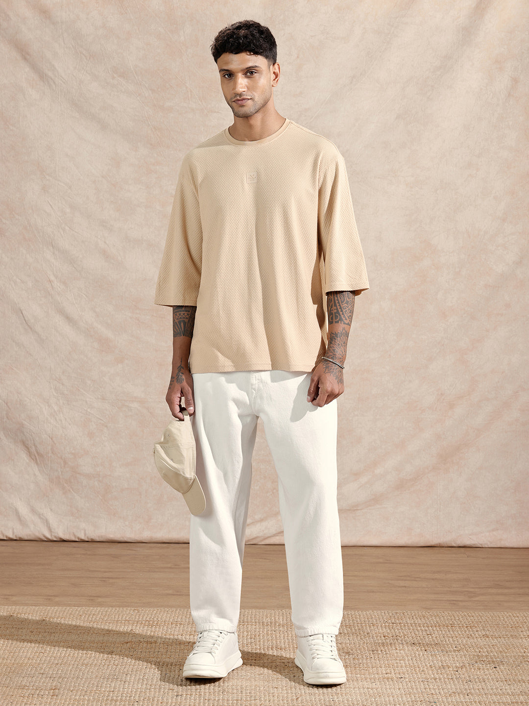 3/4th Sleeve Textured T-Shirt | Beige