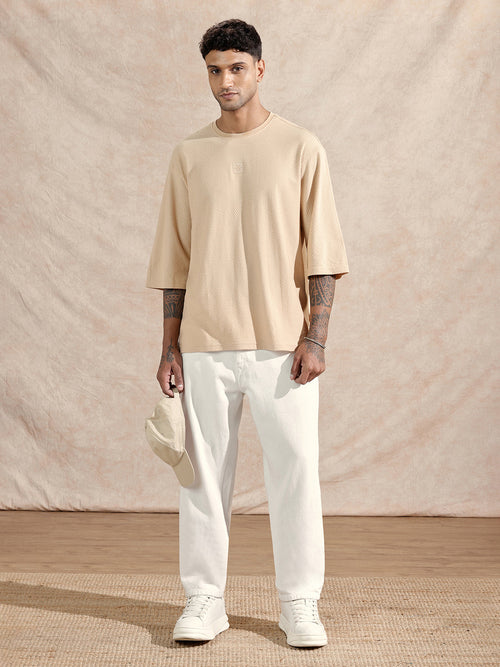 3/4th Sleeve Textured T-Shirt | Beige
