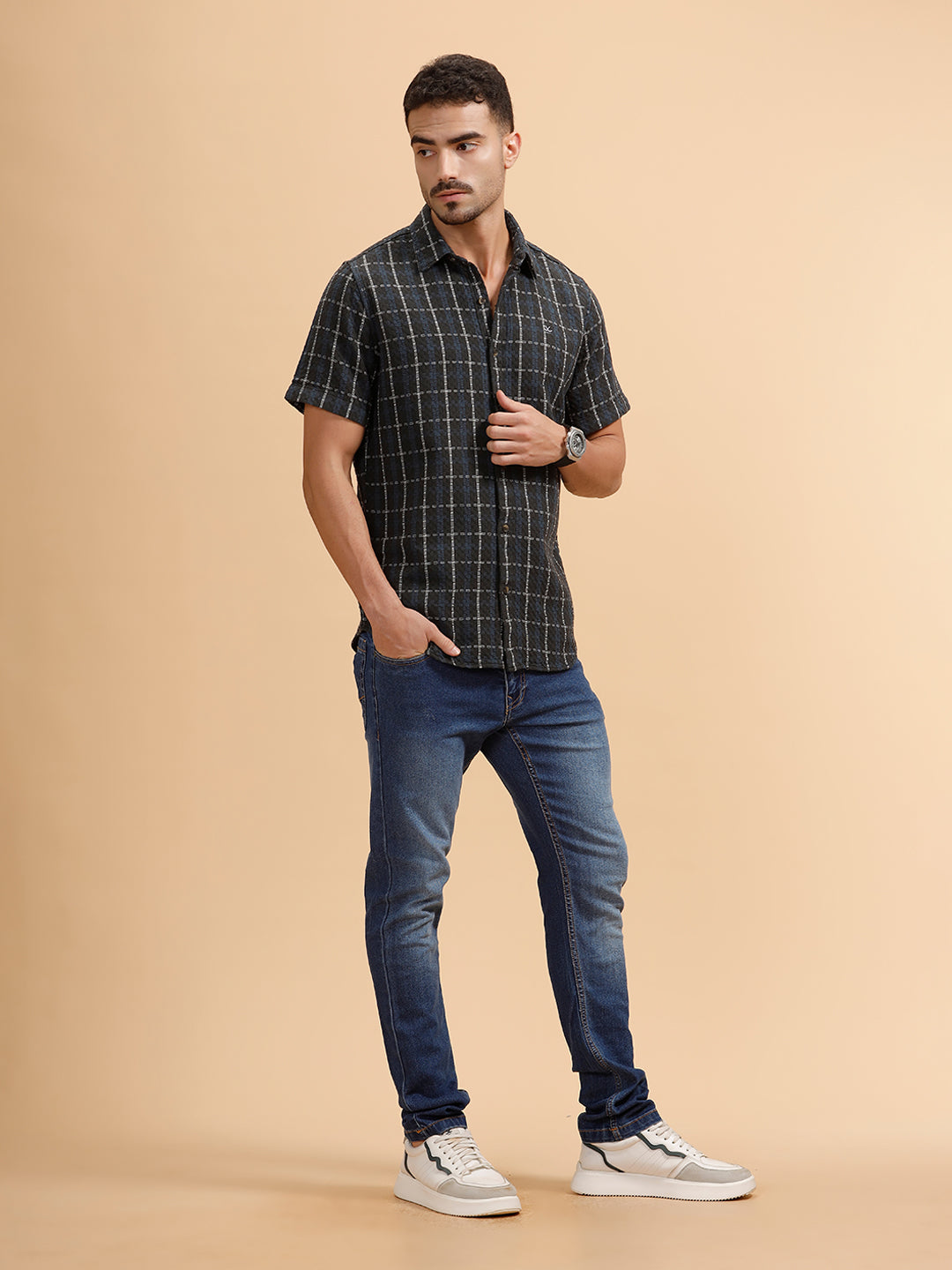 Textured Checks Short Sleeve Shirt | Black