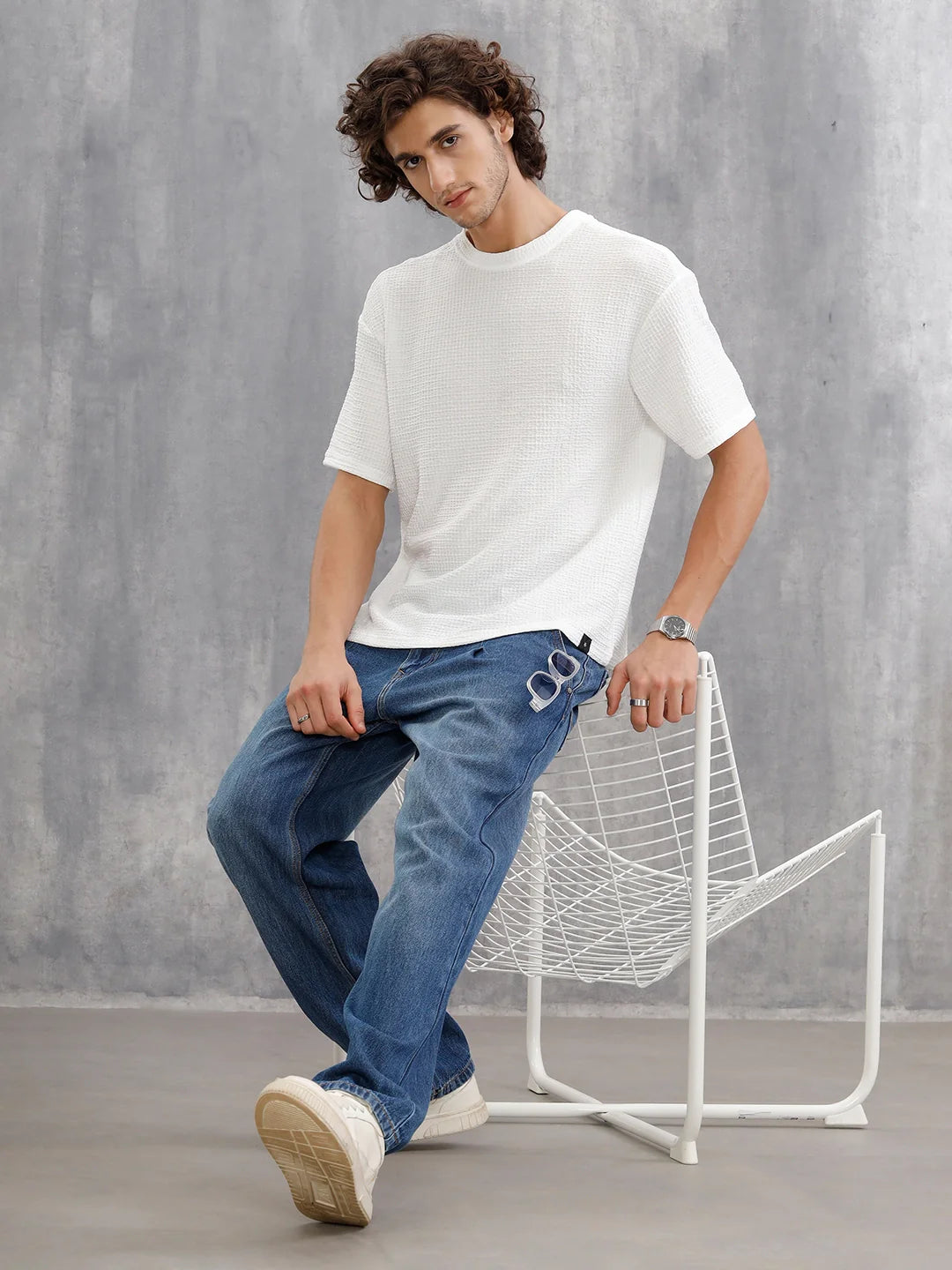 Honeycomb Textured Knit Crew Neck Pullover In Oversized Fit  |  White