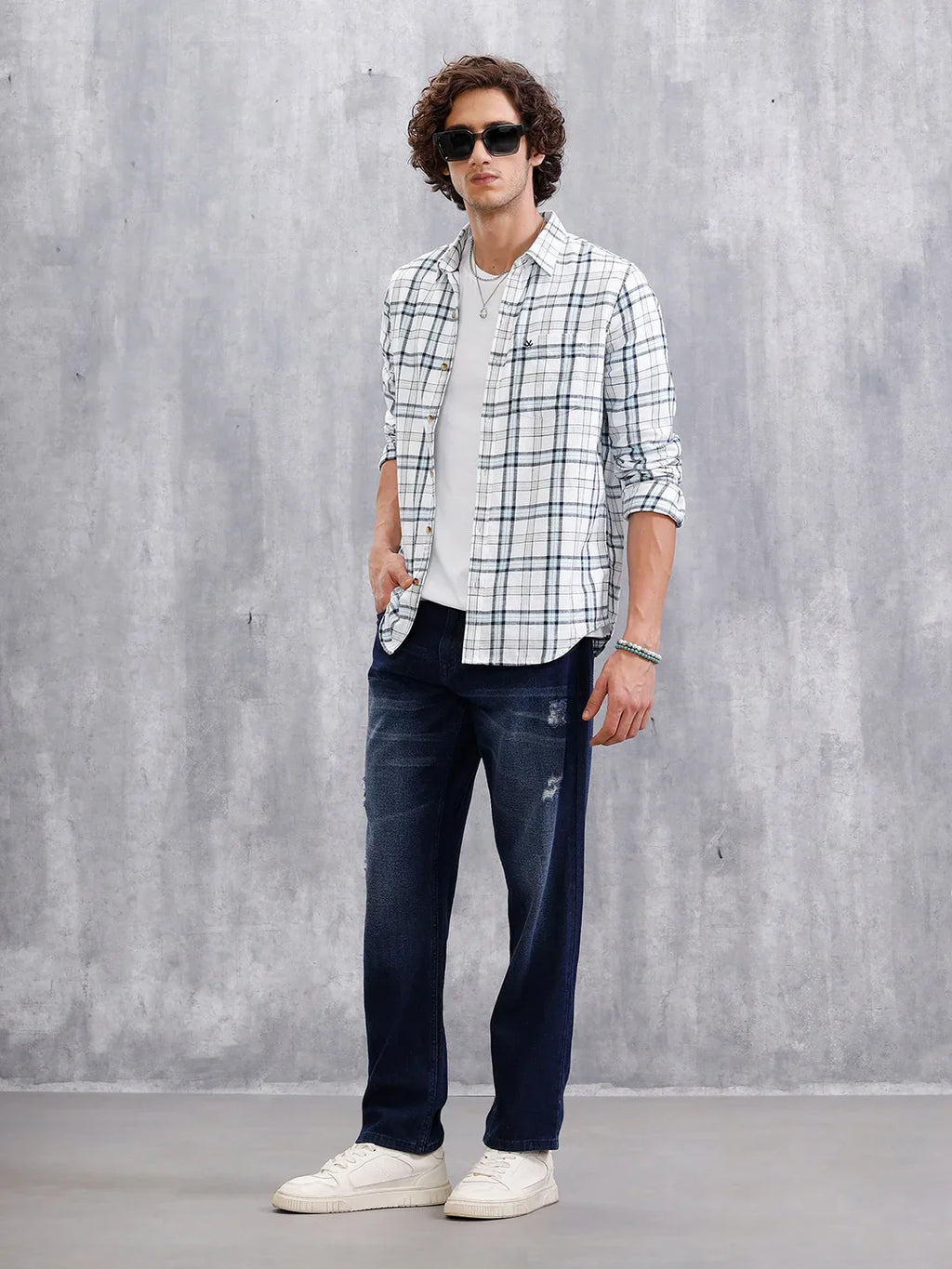 Twill Checkered Slim Fit Shirt | White