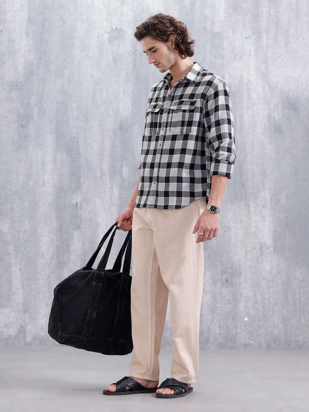 Checkered Pattern Double Pocket Comfort Fit Shirt | Black
