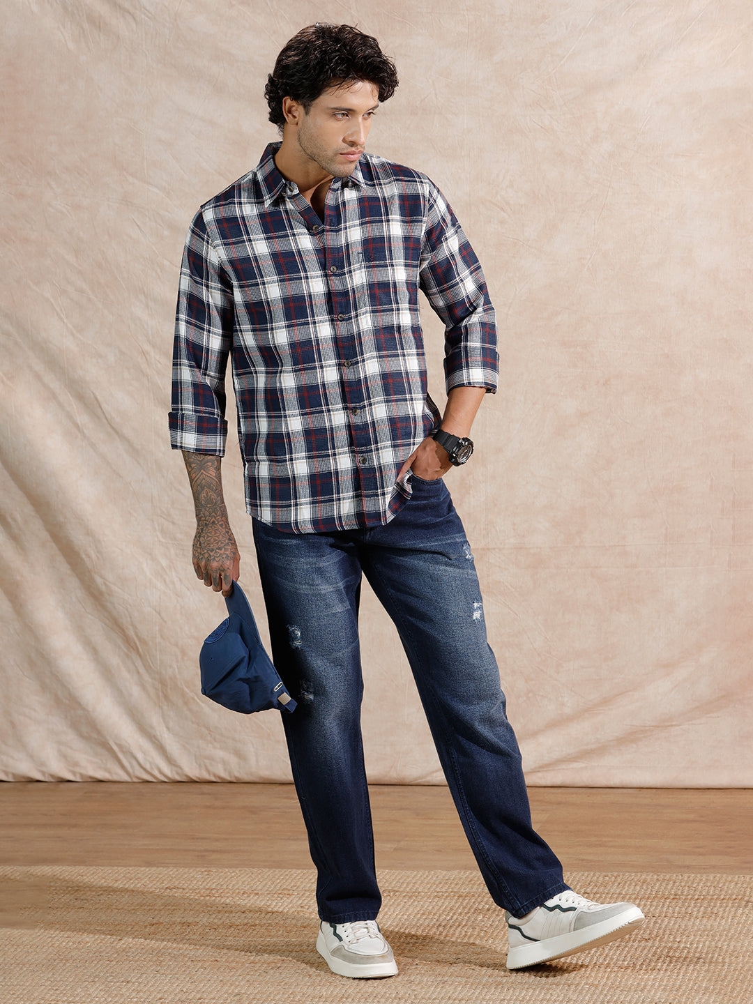 Dobby Check Regular Fit Shirt  | Navy Blue