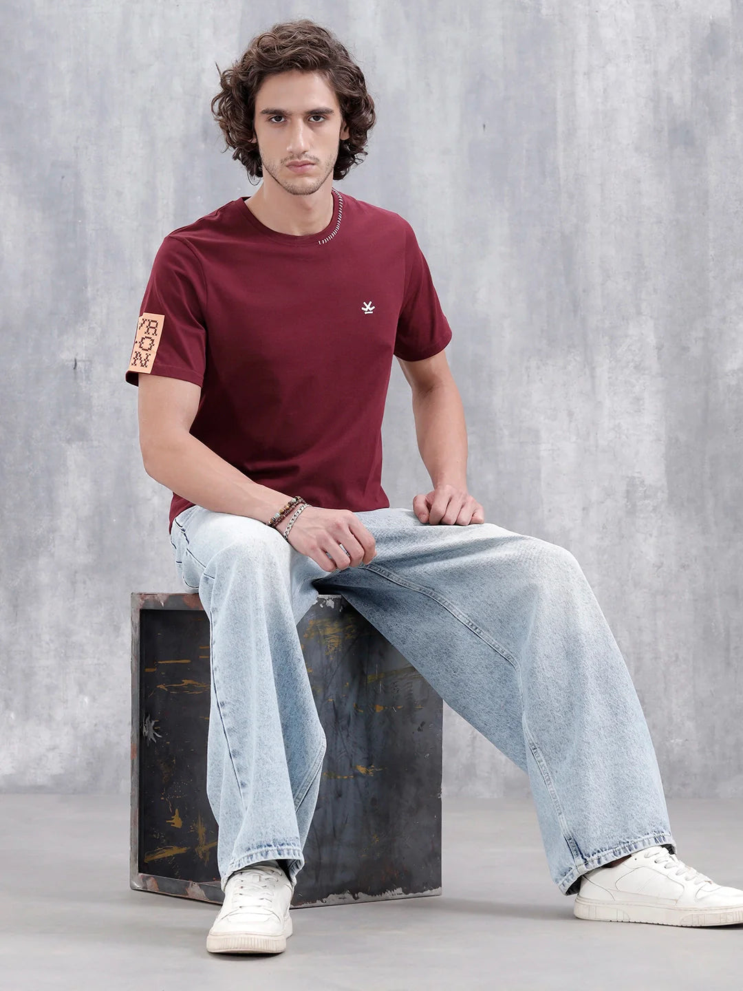 Contrast Stitch Slim Fit Cotton T-Shirt | Maroon