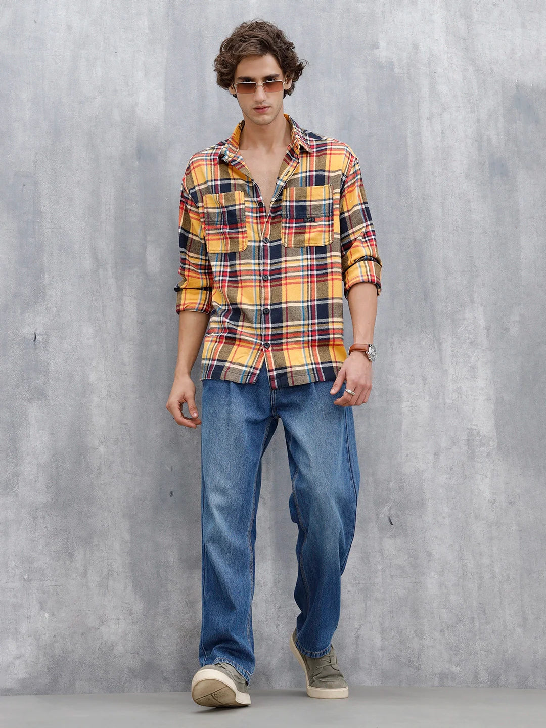 Wrogn Men's Checked Oversized Shirt | Yellow