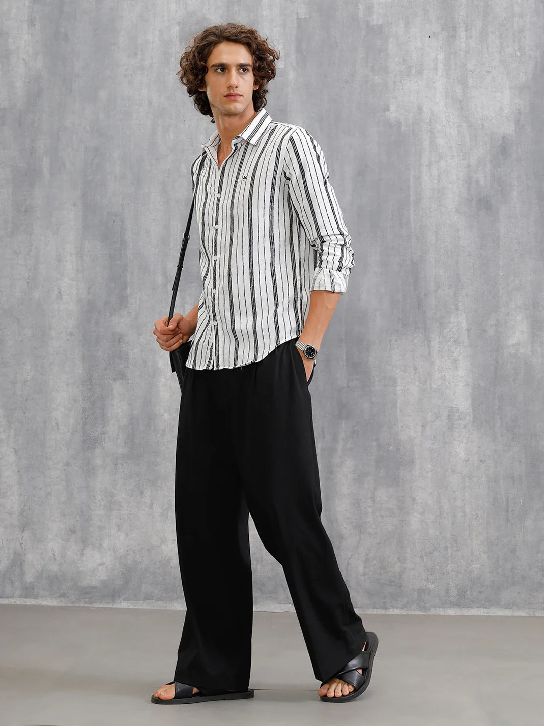 Slim Fit Stripe Shirt In Chenille Yarn | White