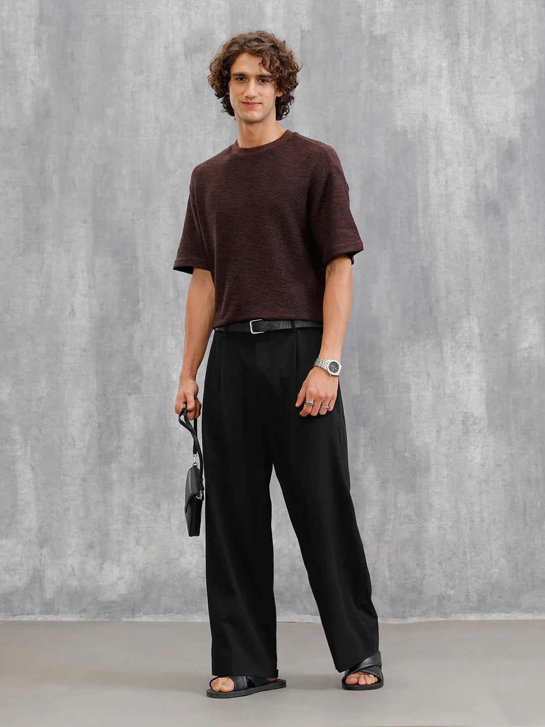 Two Tone Textured Slub Knit Oversized Crew Neck T-Shirt With Chunky Rib | Brown