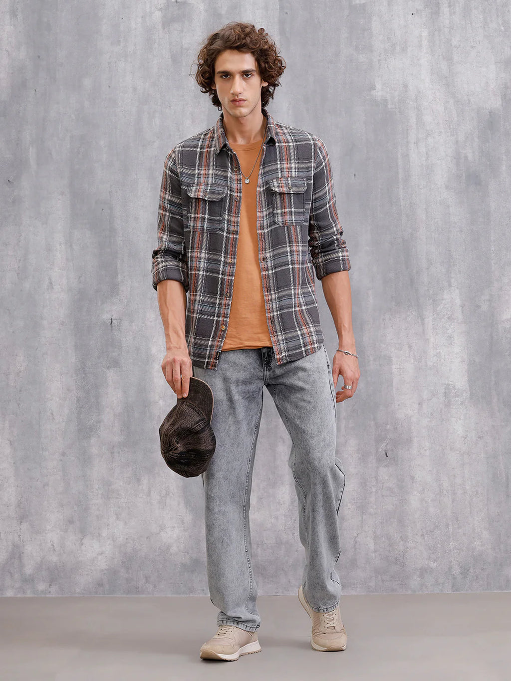 Textured Utility Check Shirt In Slim Fit  | Dark Grey