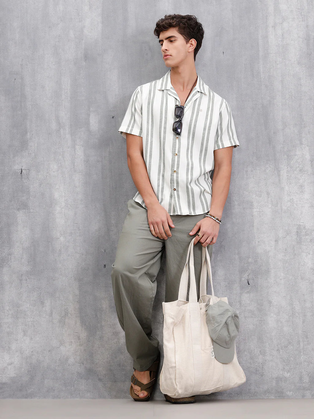 Textured Stripe Shirt In Resort Collar | Green