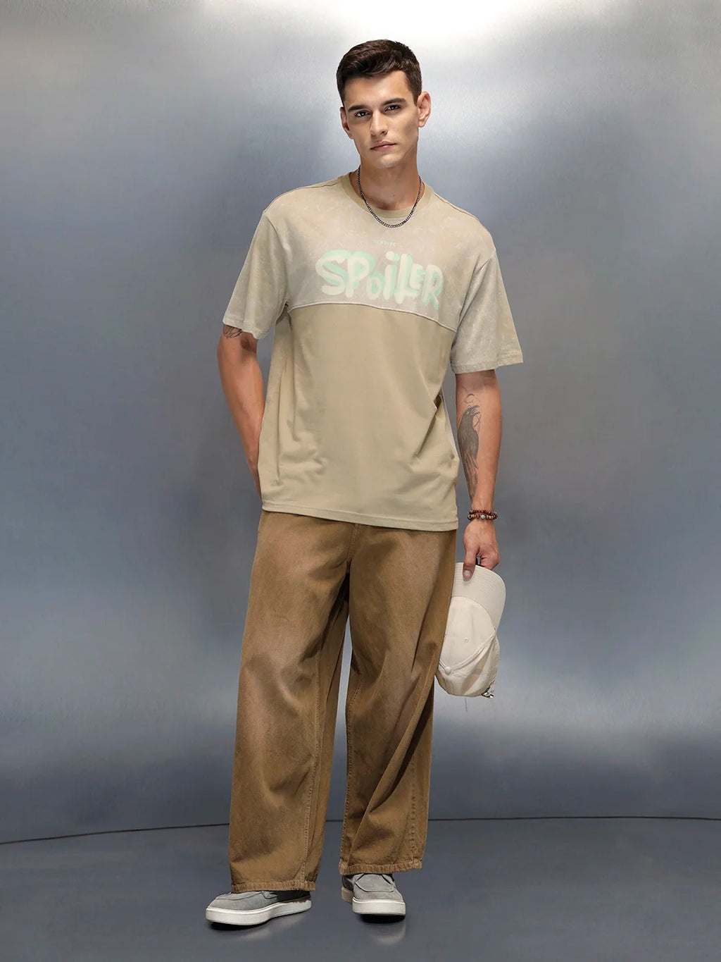 Washed Graphic Printed Oversized Fit T-Shirt | Khaki