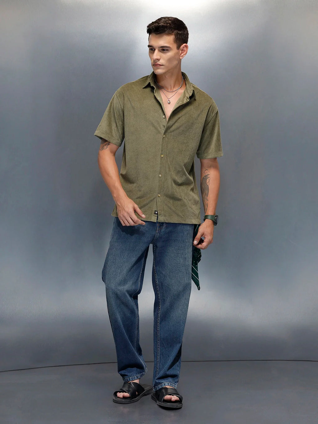 Textured Classic Men’s Oversized Fit Shirt | Olive