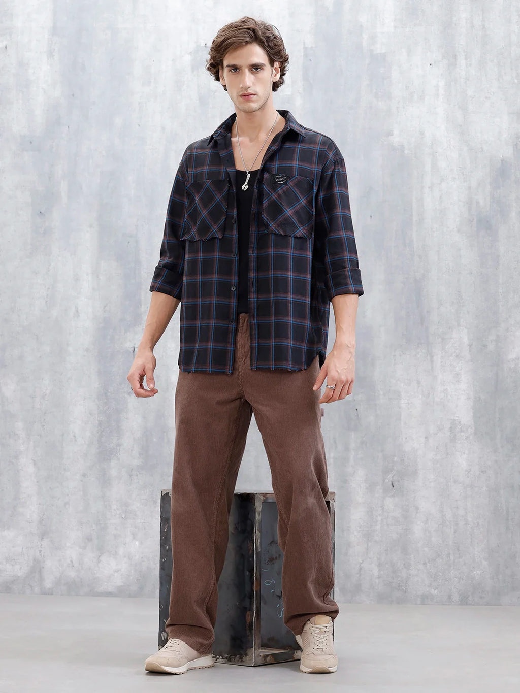 Wrogn Oversized Checkered Shirt With Raw Edged Double Pockets | Black