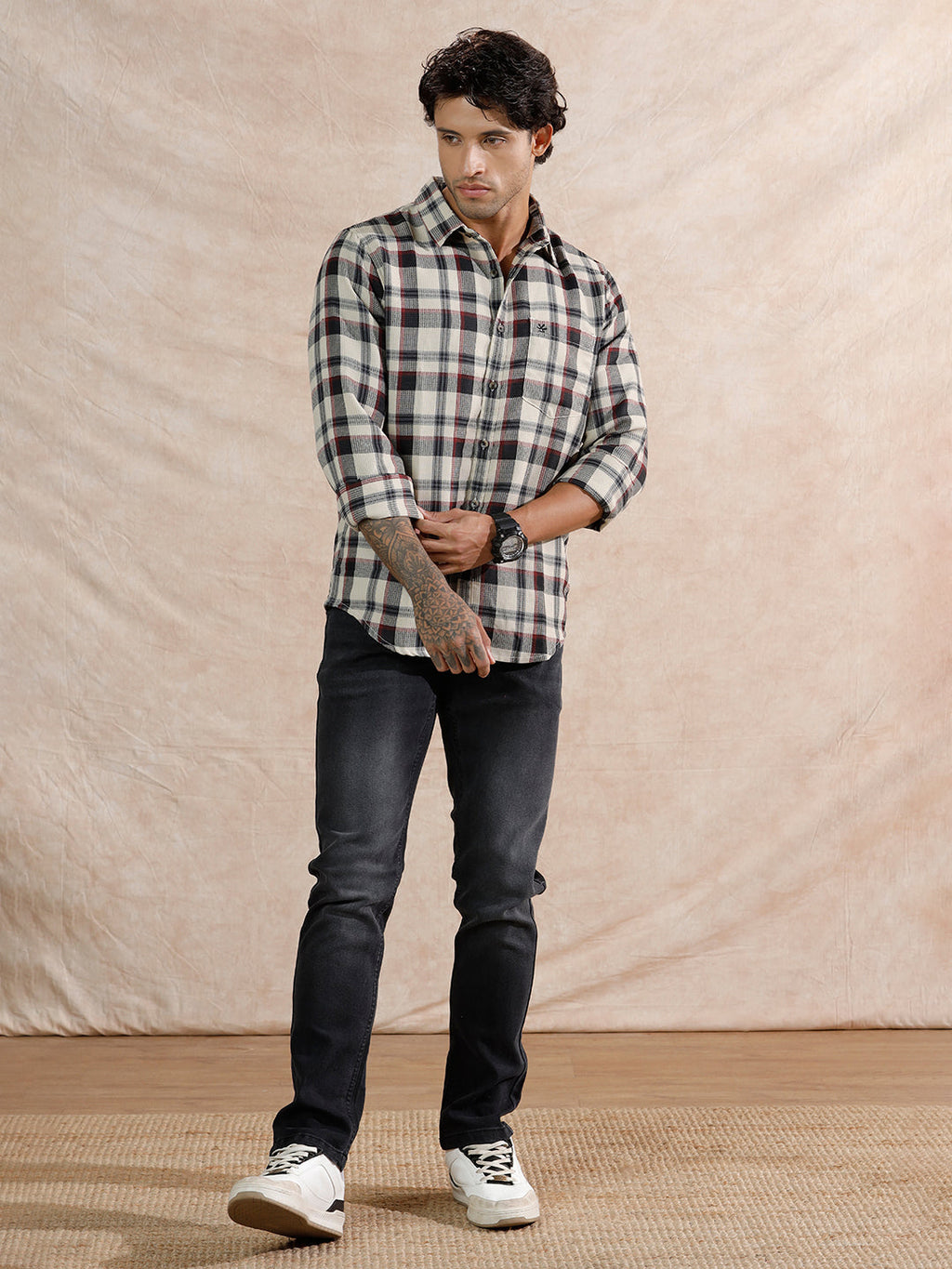 Dobby Textured Checks Regular Fit Shirt | Off White