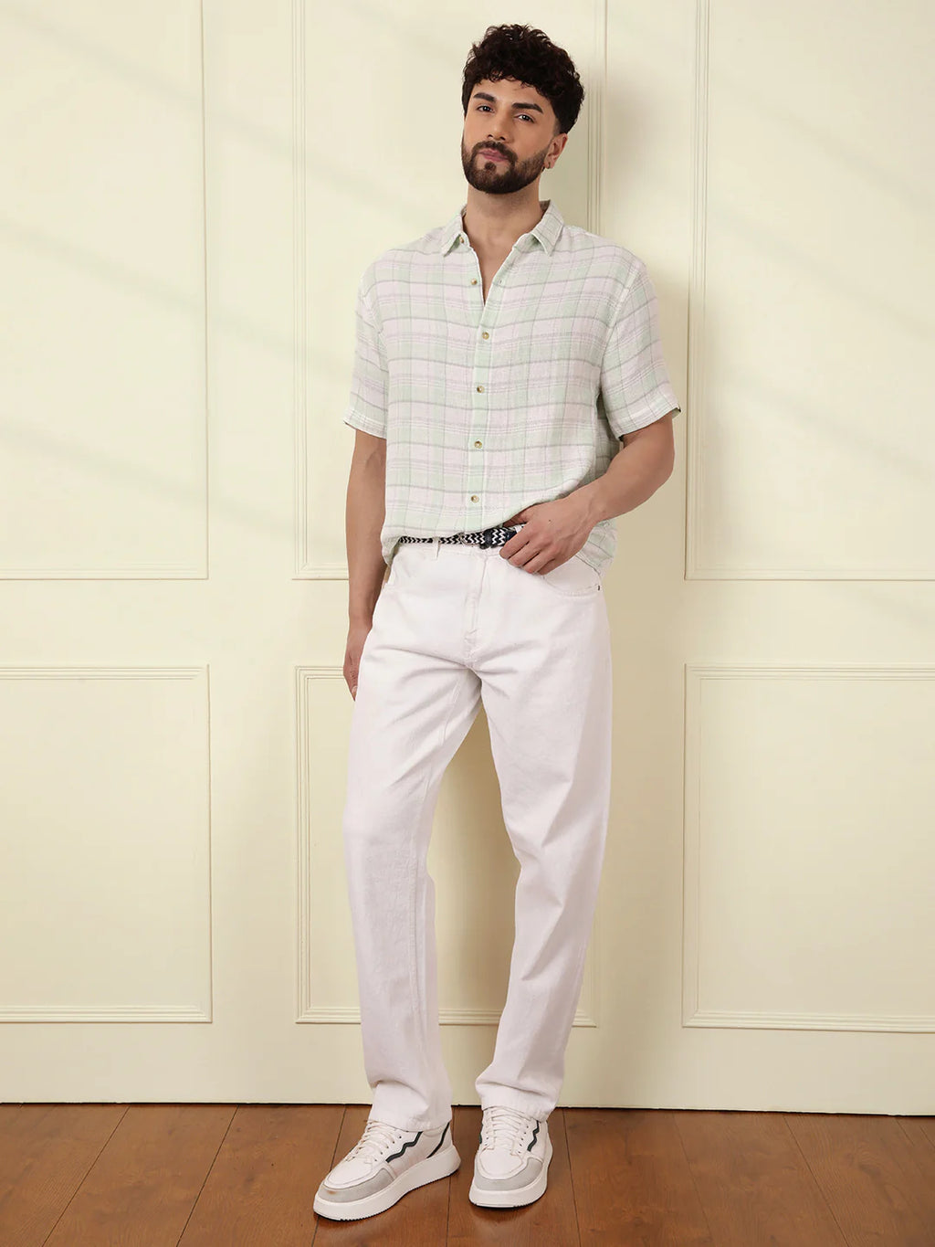 Checked Short Sleeve Textured Shirt | Light Green