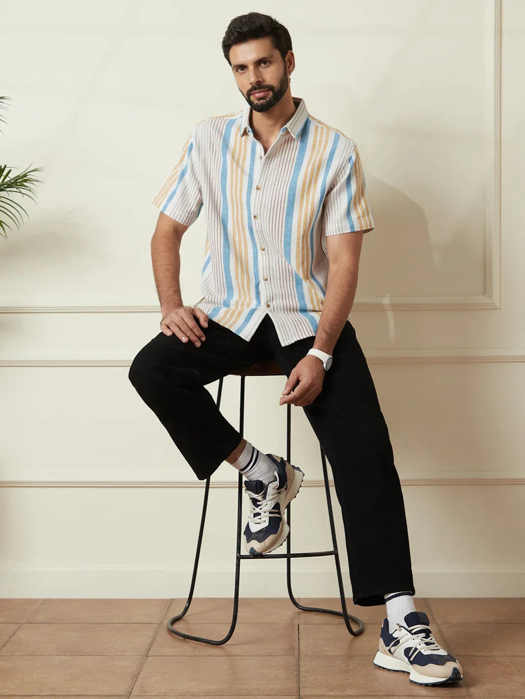 Striped Open Dobby Shirt | Beige