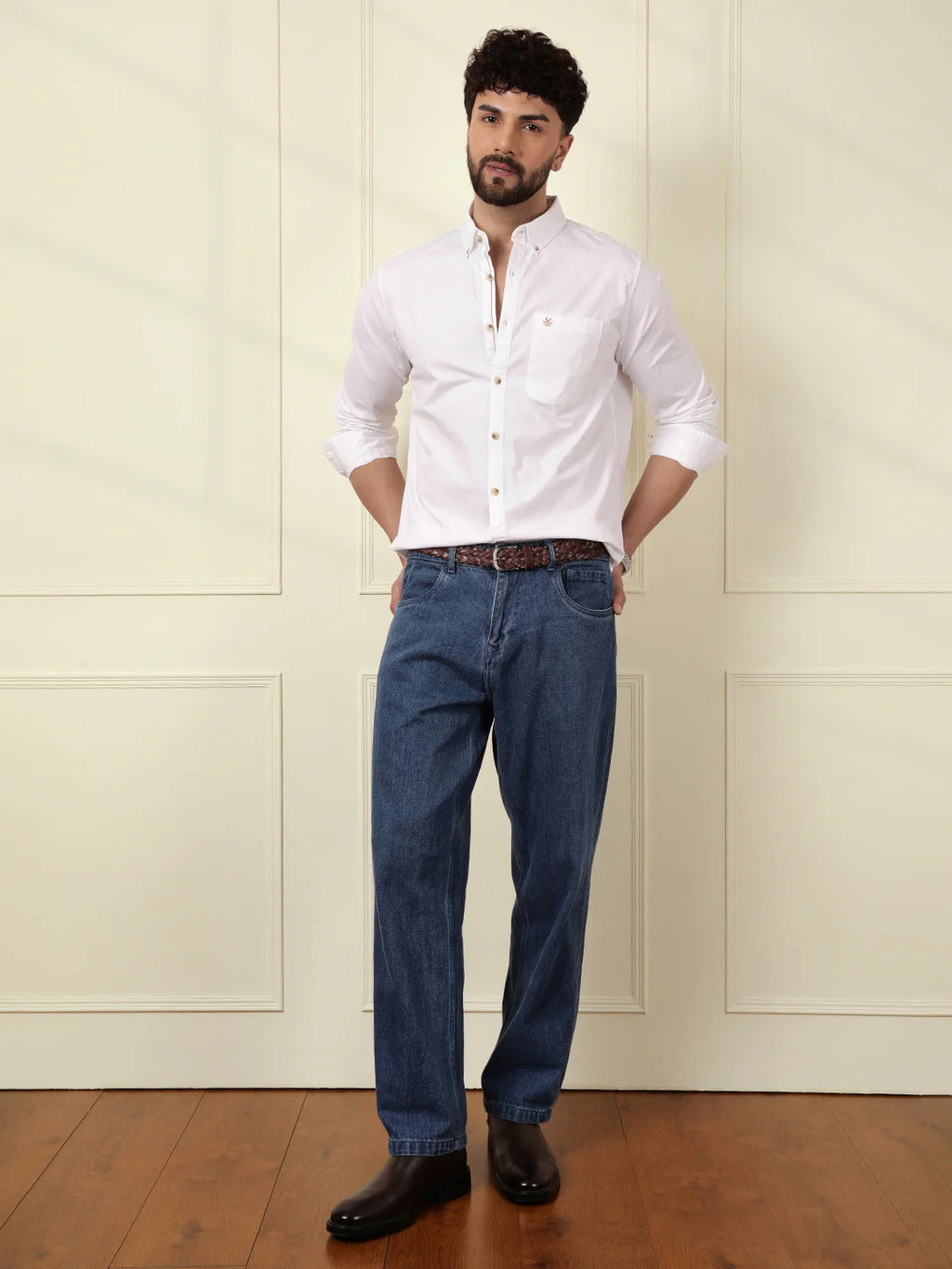 Solid Cotton Blend Stretch Shirt | White