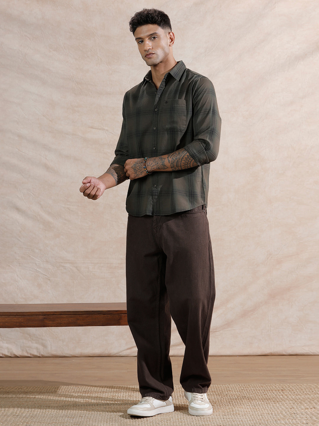 Tonal Checks Regular Fit Shirt | Olive