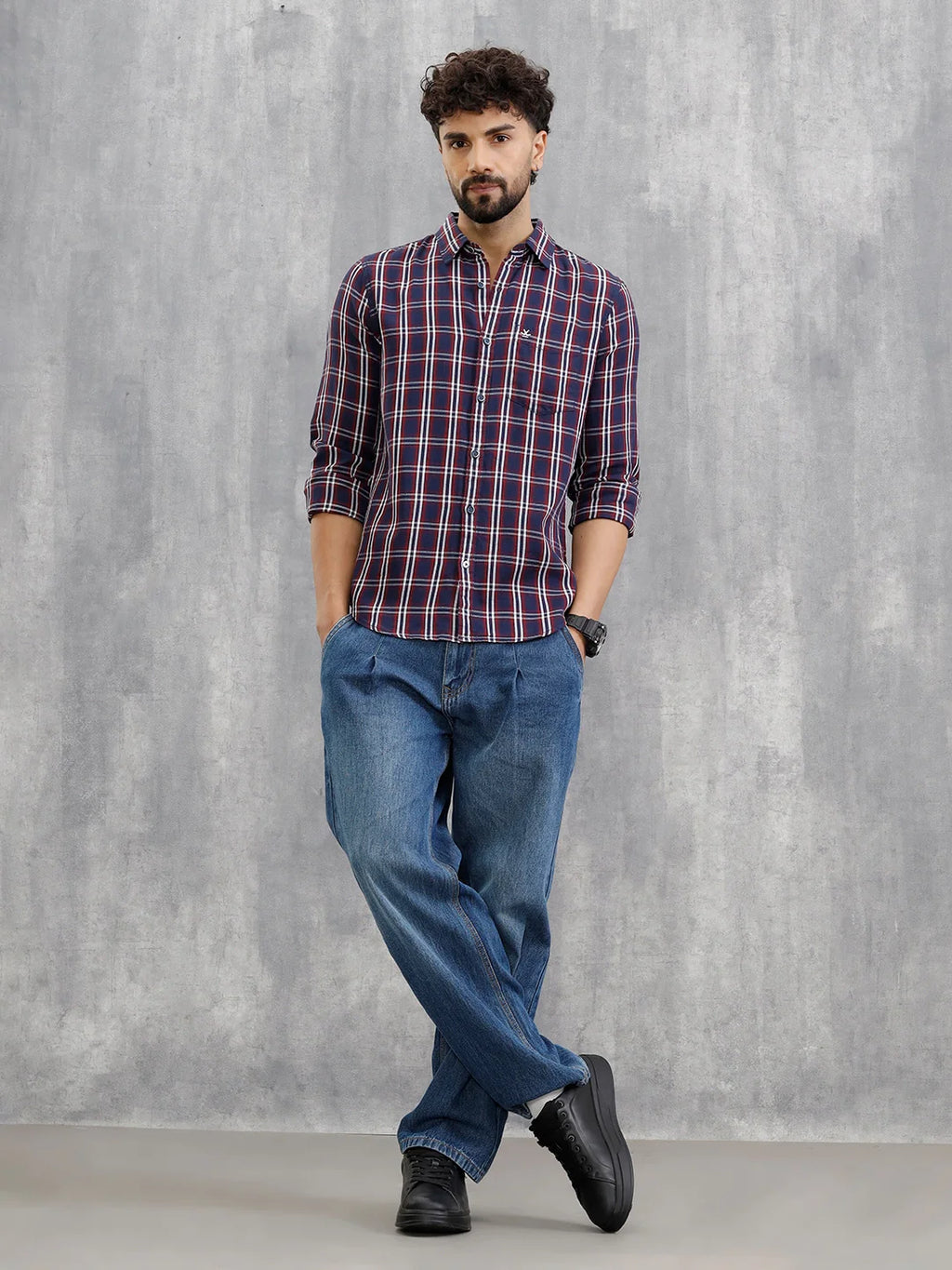 Textured Checkered Cotton Shirt | Navy Blue