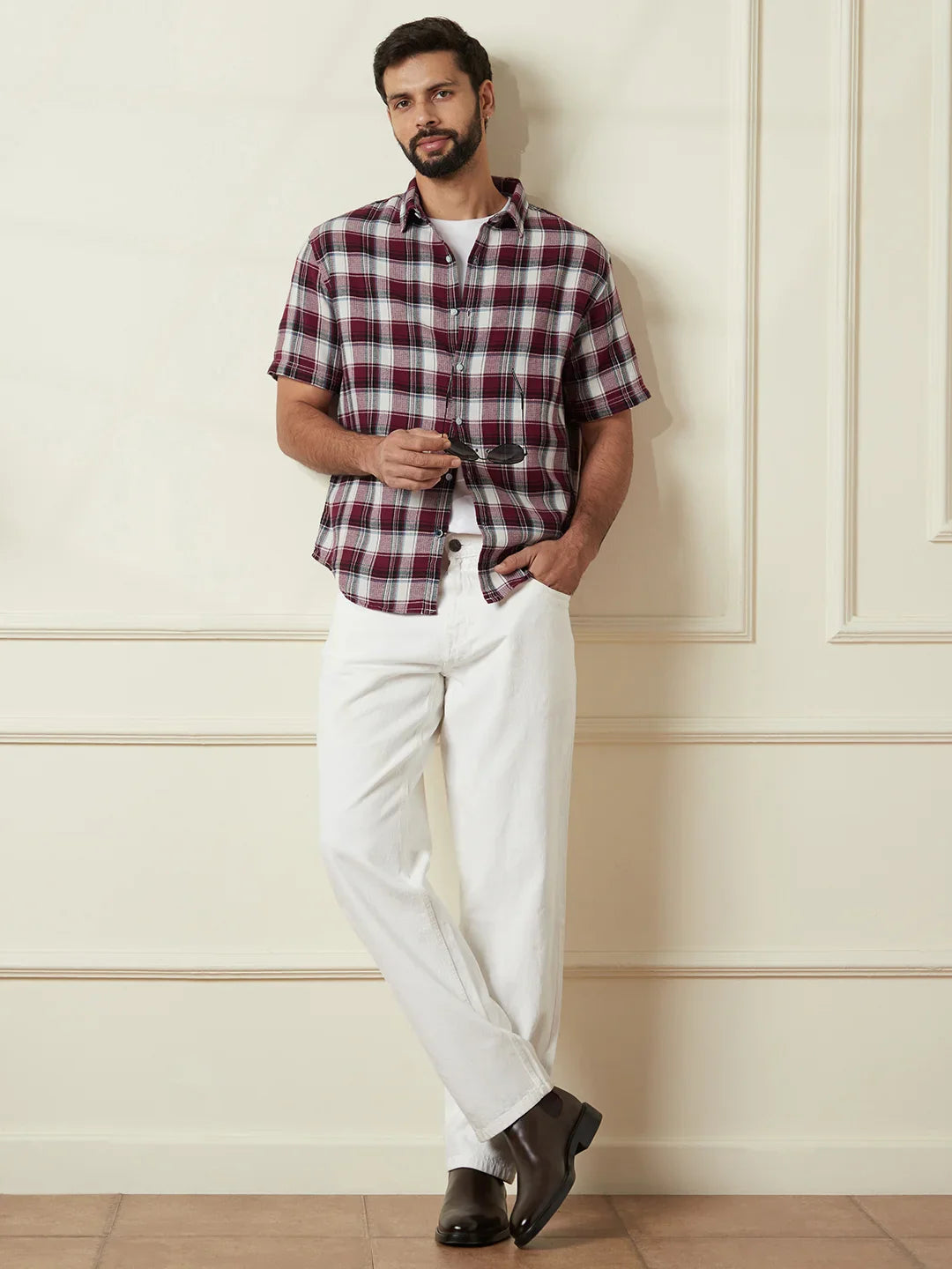Checked Open Dobby Shirt | Maroon